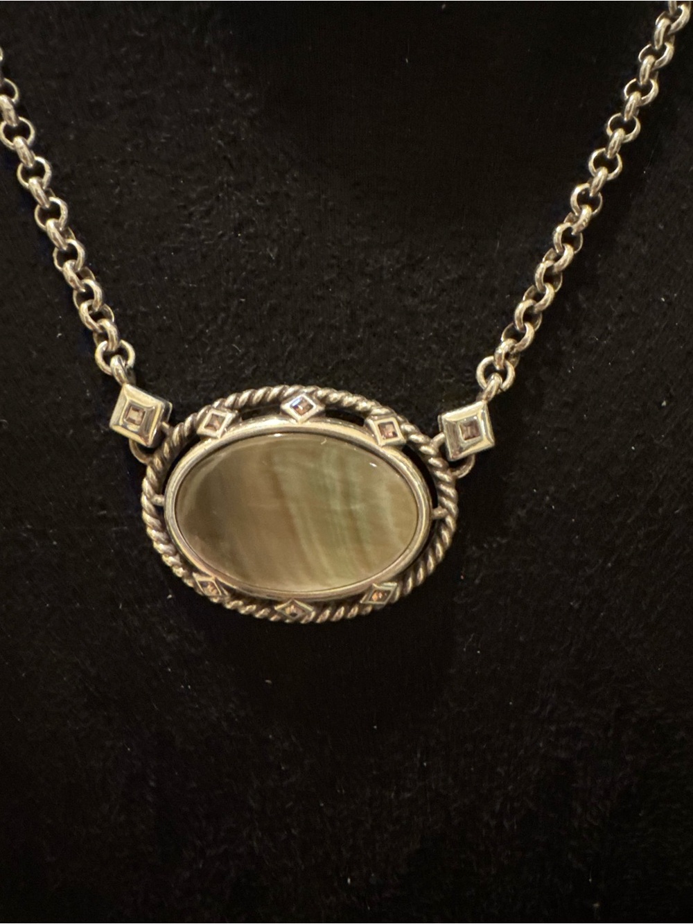 Brighton Silver Tone Oval Pendant Necklace Gray Stone Rhinestone Adjustable